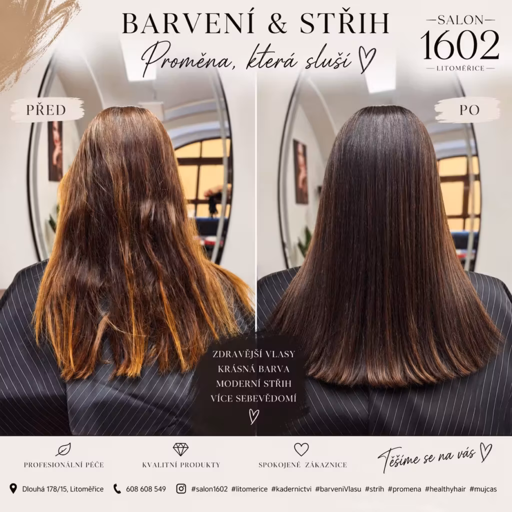 Barvení a střih - hnědé vlasy před a po