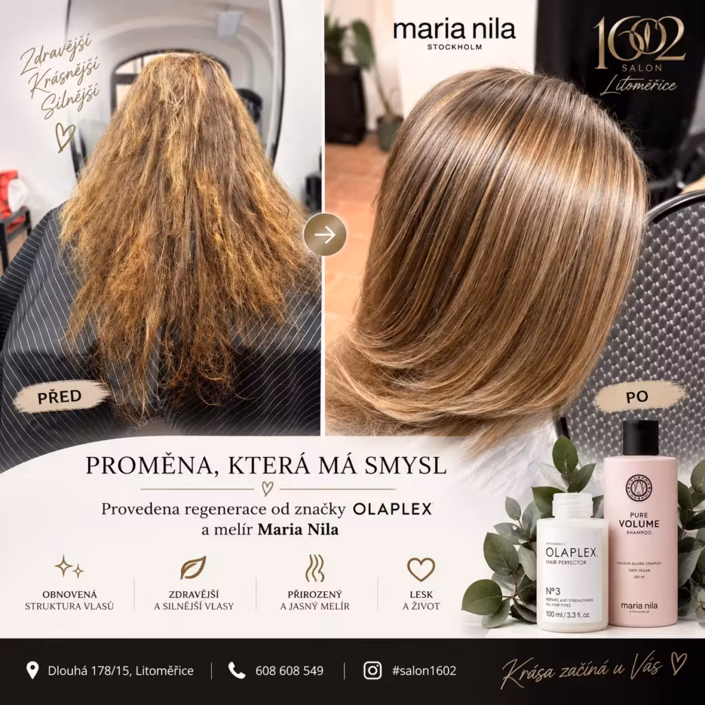 Regenerace Olaplex a melír Maria Nila - vlasy před a po